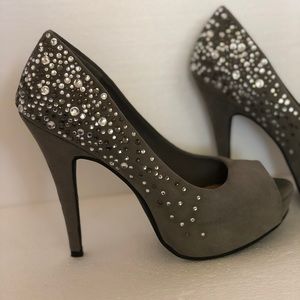 Grey suede, rhinestone, peep toe heels